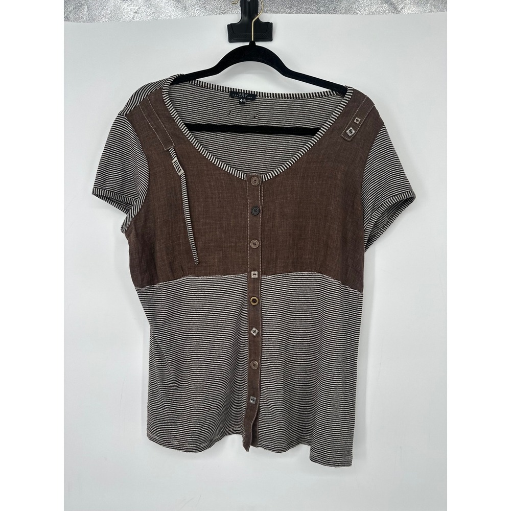 Vex Collection Top Women 44 Large Brown Striped Button Front Short Sleeve Casual